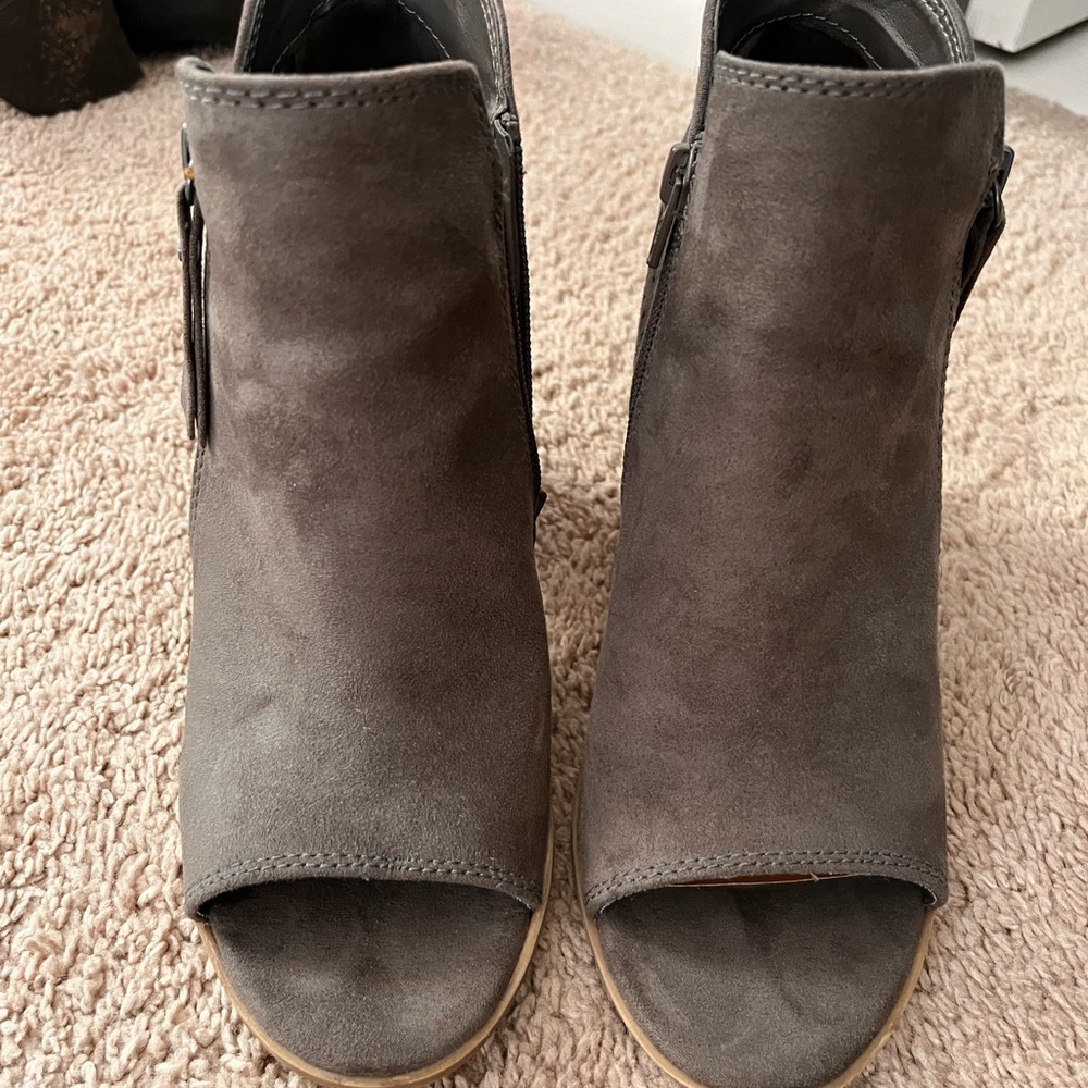 Grey open toe booties